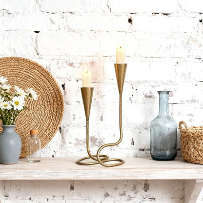 Vintage Twisted Brass Style Candle Holder, Candlestick Holder for Table Decoration, Holiday, Wedding, Housewarming (Size C)