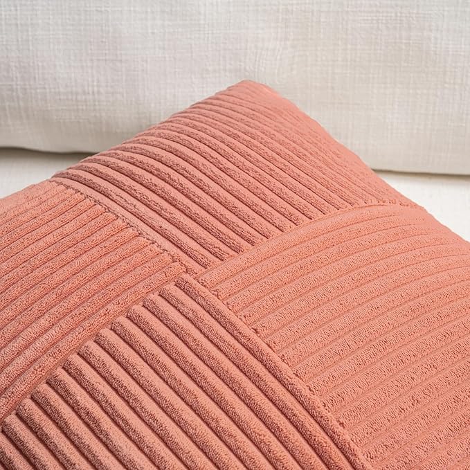 Fancy Homi 2 Packs Coral Samll Decorative Throw Pillow Covers 14x14 Inch with for Couch Bed Sofa, Rustic Farmhouse Boho Home Decor, Soft Corss Patchwork Corduroy Square Peach Cushion Case 35x35 cm