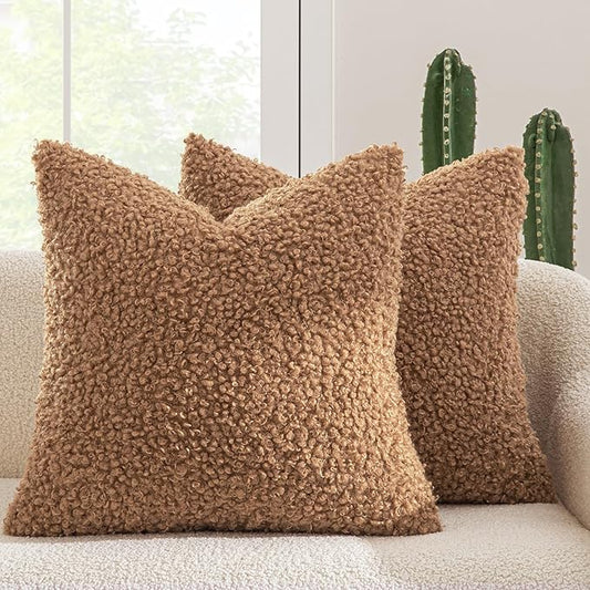MIULEE Pack of 2 Throw Pillow Covers 20x20 Inch Brown Faux Fur Decorative Sherpa Pillow Covers Fuzzy Accent Soft Sheepskin Fleece Cushion Cases for Boho Home Decor Couch Living Room Bed