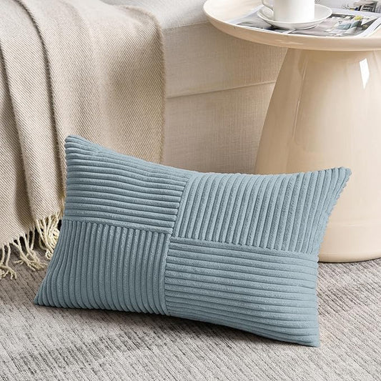 Fancy Homi 2 Packs Light Blue Lumbar Decorative Throw Pillow Covers 16x26 Inch for Living Room Couch Bed, Rustic Farmhouse Boho Home Decor, Soft Striped Corduroy Rectangle Accent Cushion Case 65x40 cm