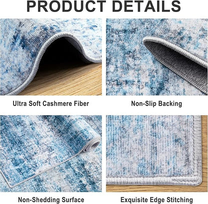 Area Rugs 10x12 Living Room - Washable Rug Modern Abstract Soft Large Neutral Non-Slip Carpet Indoor Floor Thin Carpets for Bedroom Dining Room Farmhouse Nursery Home Office Blue Grey