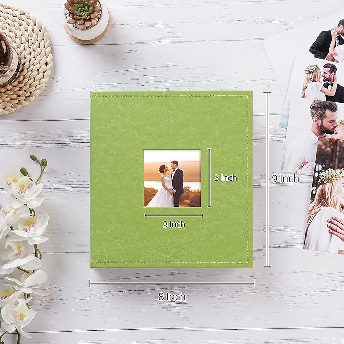 potricher Small Photo Album 4x6 200 Photos Leather Cover Picture Book with 200 Horizontal Pockets for Family Wedding Anniversary and Baby (Green)