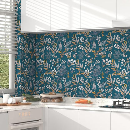 Vintage Wallpaper Peel and Stick Dark Blue Floral Wallpaper 17.5'' x 118'' Gold Leaf Contact Paper Vinyl Waterproof Self Adhesive Boho Botanical Wall Paper for Bedroom Cabinet Décor