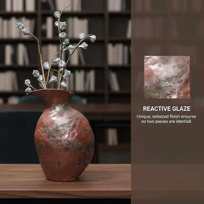 Rustic Ceramic Vase Vintage Farmhouse Style Decor, Frosted Texture Pottery for Home Decor, Modern Living Room, Office Desk Table Centerpiece (Grey and Green) 8IN