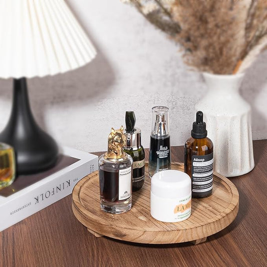 Round Decorative Tray Wood Bathroom Counter Organizer Farmhouse Kitchen Decor Wooden Riser for Soap Dish, Perfume, Candle, Sponge, 10" - Brown