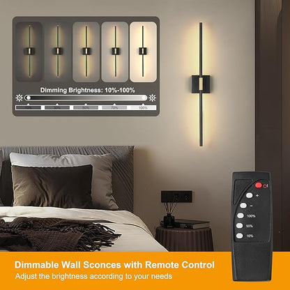 Battery Operated Wall Sconce Single, Black Gold Rechargeable Wall Sconce with Remote, Dimmable Sconce Wall Light, 24 Inch LED Wireless Wall Light for Background Wall, Bedroom,Living Room