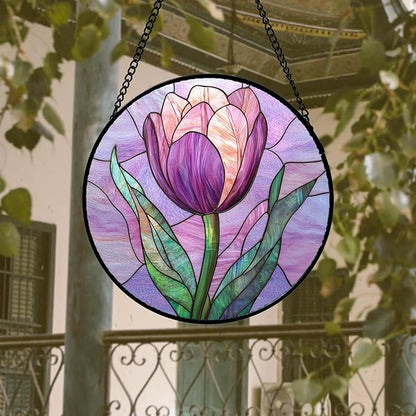DASTOLL Stained Glass Window Hanging 4 Pcs Set Purple Flower Theme 9.8" - Tulip Suncatcher Door Garden Sun Catcher Decor Birthday Christmas for Plant Lovers Woman Nana Men