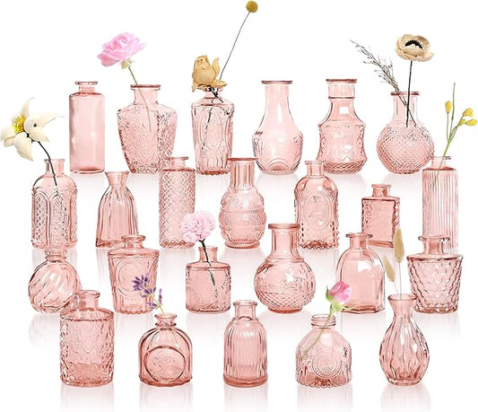Vintage Pink Small Glass Vase Set of 24, Cute Bud Vases for Centerpiece Table Decorations, Boho Mini Vases for Flowers, Pink Clear Vase Bulk for Wedding Party Decor, Birthday, Baby Shower