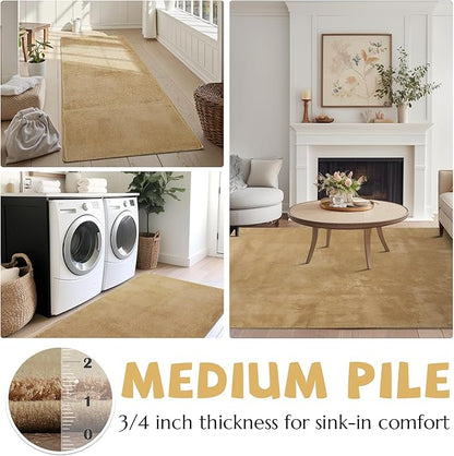 jinchan Solid Plush Area Rug 3x5 Performance Shaggy Washable Rug Indoor Soft Modern Faux Wool Cozy Non Slip Carpet for Living Room Kids Room Bedroom Dining Room Nursery Tan