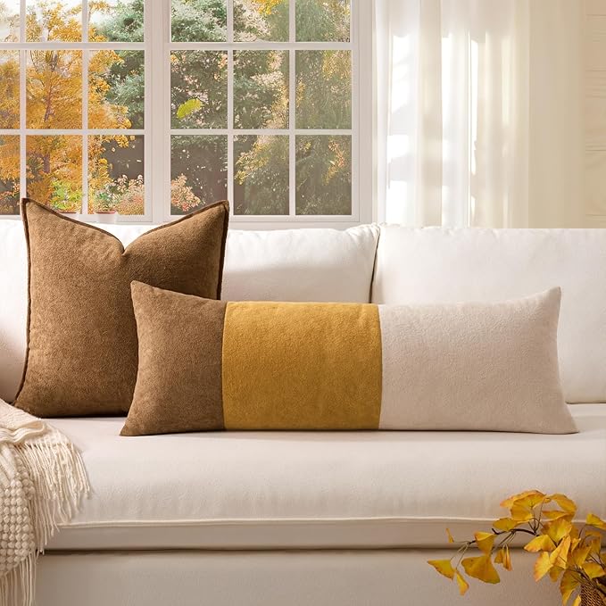 Kevin Textile 14x36 Inch Long Lumbar Cover 1 Pack Three-Colour Patchwork Soft Textured Waterproof Rectangle Cushion Elegant Accent Pillows for Couch Sofa Chair Bed Home Decor Indoor Outdoor Yellow
