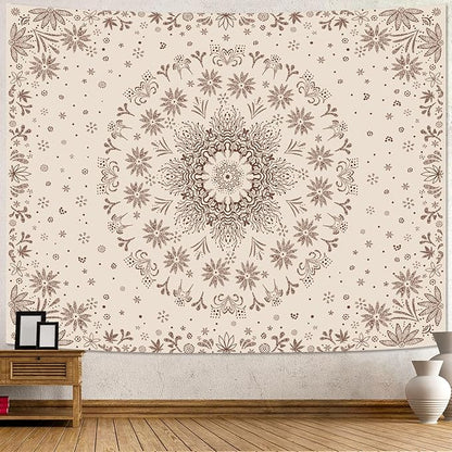 Fowocu Boho Floral Mandala Tapestry Wall Hanging Bohemian Flower Medallion Tapestry Aesthetic Beige Brown Hippie Indian Small Tapestries for Bedroom Living Room Dorm Decor 60 x 44 Inch