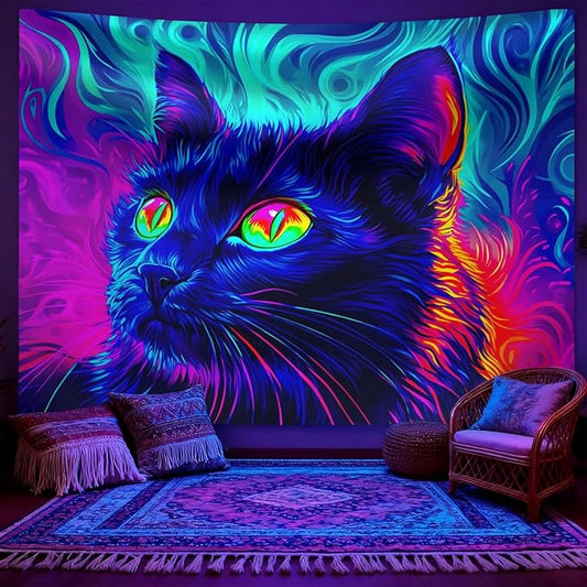 seewan Black Light Black Cat Tapestry, UV-reactive neon black cat with glowing green eyes, psychedelic abstract animal art tapestry, bedroom/dorm/living room backdrop decoration
