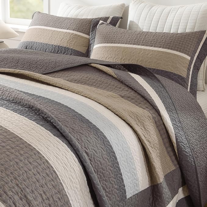 100% Cotton Quilts King Size, King Quilt Bedding Set Bedspread, Striped Quilt for King Bed, 3 Pieces Farmhouse Reversible Lightweight Comforter Bed Spread, Gray/Brown/Beige