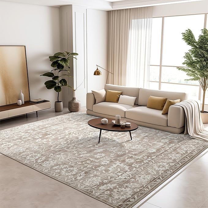 10x14 Area Rugs for Living Room Large Washable Rugs for Bedroom Floral Vintage Non-Slip Thin Area Rug Indoor Home Office Decor Light Brown