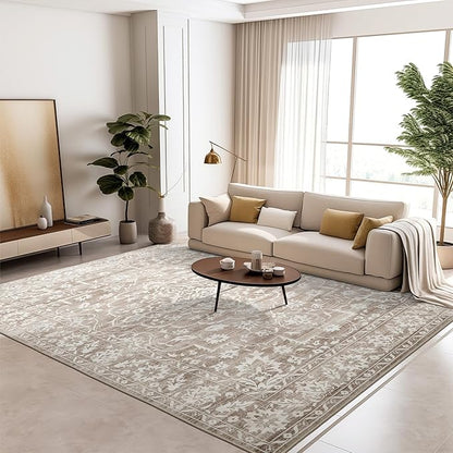 10x14 Area Rugs for Living Room Large Washable Rugs for Bedroom Floral Vintage Non-Slip Thin Area Rug Indoor Home Office Decor Light Brown