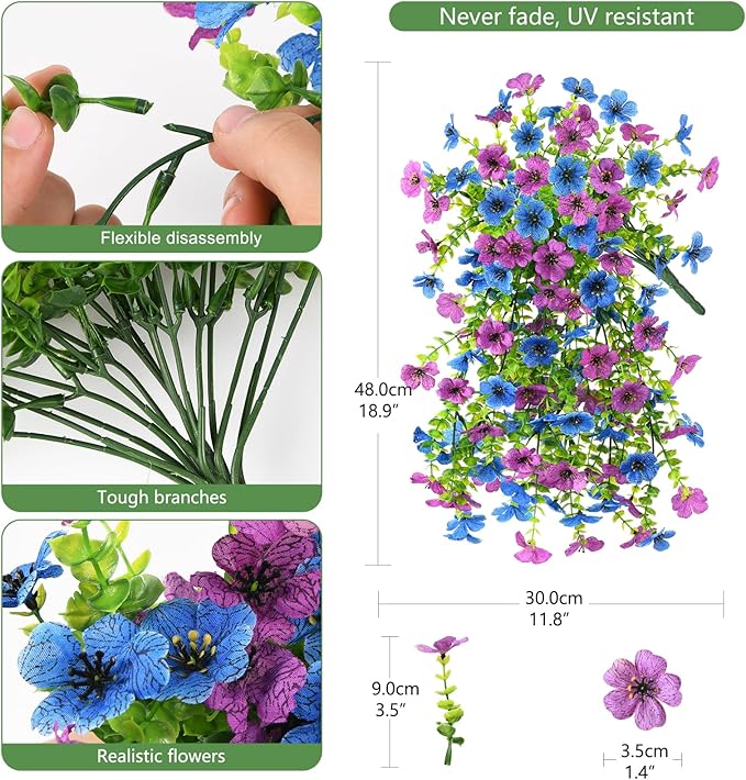 INQCMY 2Pcs Artificial Fake Hanging Flowers for Outdoors UV Resistant Artificial Plants for Spring Summer Decor Look Real Faux Flowers for Outside Home Planter Porch Patio Decor