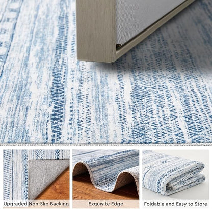 Small Area Rug-2x3 Entryway Rug Non Slip Washable Low Pile Indoor Door Mat Neutral Distressed Boho Moroccan Entrance Rugs Carpet for Bedroom Kitchen Powder Room Front Porch Bathroom, Blue