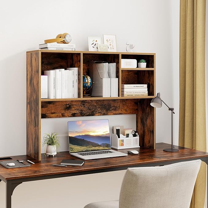 GOFLAME 4 Cubes Desktop Bookshelf, 37” Tabletop Wood Desk Shelf for Computer Monitor, Modern Countertop Desk Display Hutch Storage Organizer Shelf for Home Office, Dorm, Study (Rustic Brown)