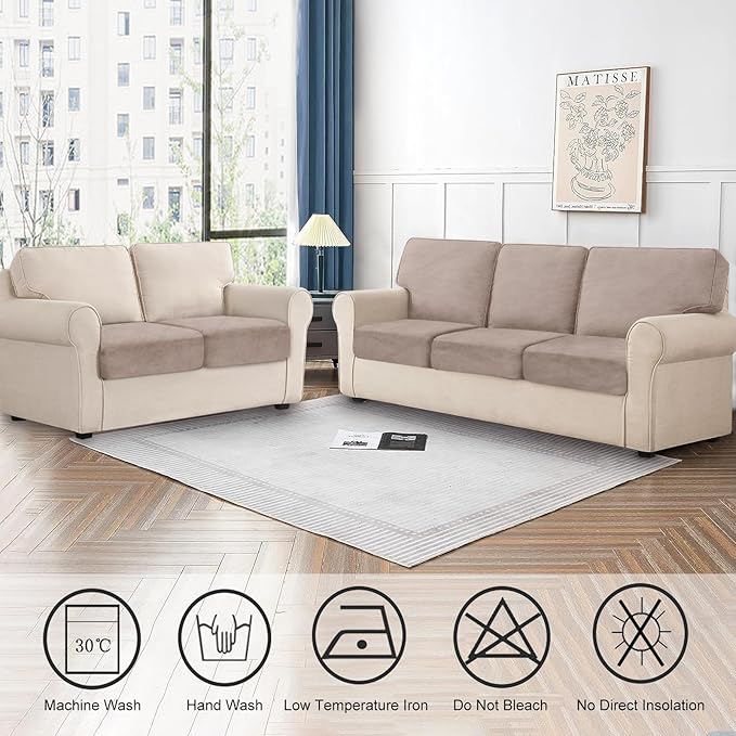 Couch Cushion Cover Velvet 2 Pieces Seat Cushion Cover Stretch LoveSeat Couch Covers Separate Sectional Sofa Slipcovers Furniture Protector (2-Seater or Backrest, Tan)