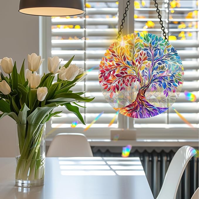 VAIIEYO Tree Acrylic Sun Catcher Window Hanging Decoration, 7.8 Inch Double-Sided Light Reflecting Plant Ornament for Window, Garden, Porch or Balcony Decor, Housewarming, Gift for Natural Lovers