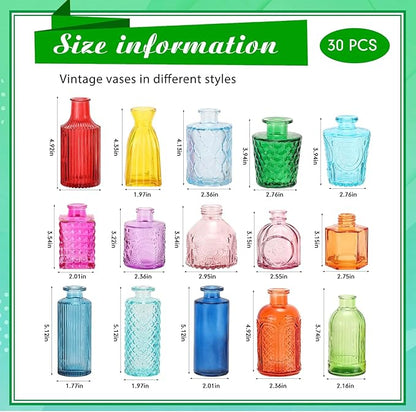 Yaomiao 30 Pcs Vases Bulk Colored Flower Glass Christmas Vases Bud Vintage Colored Glass Bottles Colorful Rustic Embossed for Home Wedding Table Decorations Gifts(Bright Color)