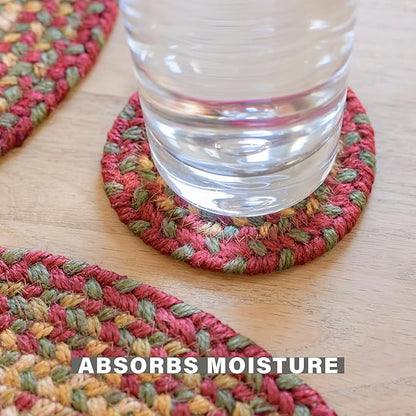 Homespice Cider Barn Jute Braided Coasters 4", Warm Country Rustic Decor, Set of 6, Red - Durable, Absorbs Moisture, Easy to Clean and Protects Furniture