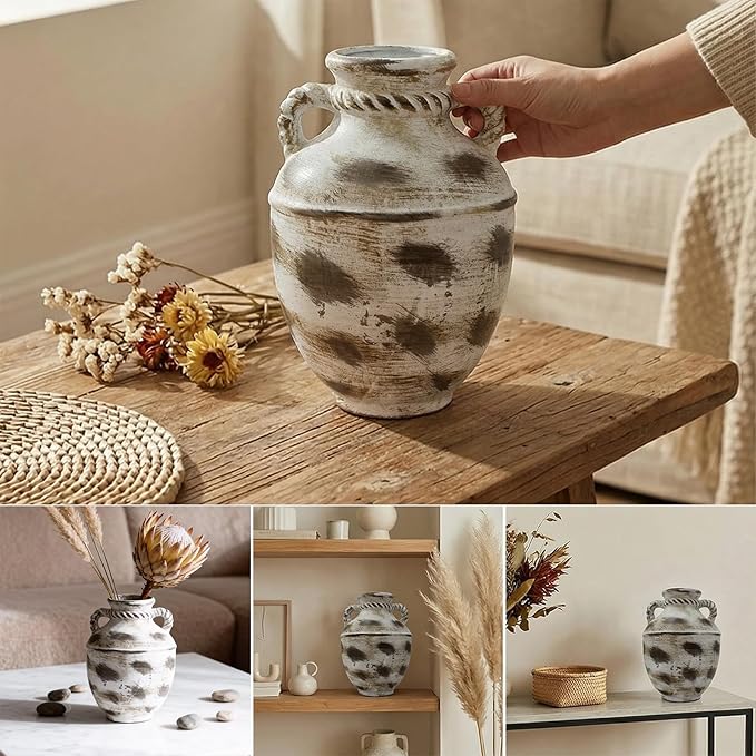 Rustic Farmhouse Vase 11 inch, Handmade Ceramic Pottery, Large Decorative Centerpiece for Living Room Dining Table Home Decor