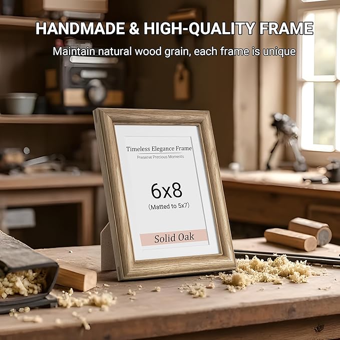 Heimlove 6x8 Picture Frame,6 x 8 Solid White Oak Photo Frame with Tempered Glass,6"x8" Handcrafted Wood Frame Matted to 5x7 Photos for Wall or Tabletop Family picture Display,1 Pack