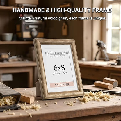 Heimlove 6x8 Picture Frame,6 x 8 Solid White Oak Photo Frame with Tempered Glass,6"x8" Handcrafted Wood Frame Matted to 5x7 Photos for Wall or Tabletop Family picture Display,1 Pack