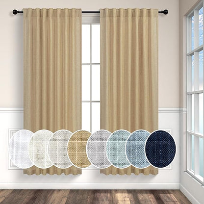 Burlap Color Curtains 63 Inch Length for Bedroom 2 Panel Back Tab Pocket Cotton Canvas Woven Textured Flax Linen Semi Sheer Lightweight Soft Taupe Brown Tan Curtain for Kitchen Cafe Cottage Core Decor
