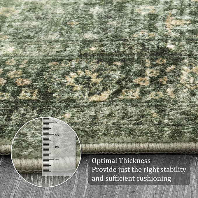 Morebes Vintage Living Room Rugs 6x9,Washable Green Area Rug Non Slip,Distressed Soft Floral Dorm Rug Boho Mat,Large Indoor Accent Floor Carpet for Nursery Kitchen Coffee Table Dining