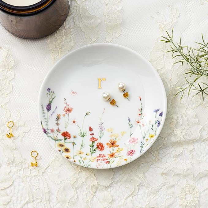 Crisky Initial Jewelry Tray Ring Dish & Gift Box, Ceramic Flower Trinket Dish for Rings Earrings Necklaces Keys, Bridal Shower Engagement Birthday Gift for Women, Friends 4.57" (Gold Foil R