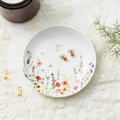 Crisky Initial Jewelry Tray Ring Dish & Gift Box, Ceramic Flower Trinket Dish for Rings Earrings Necklaces Keys, Bridal Shower Engagement Birthday Gift for Women, Friends 4.57" (Gold Foil R