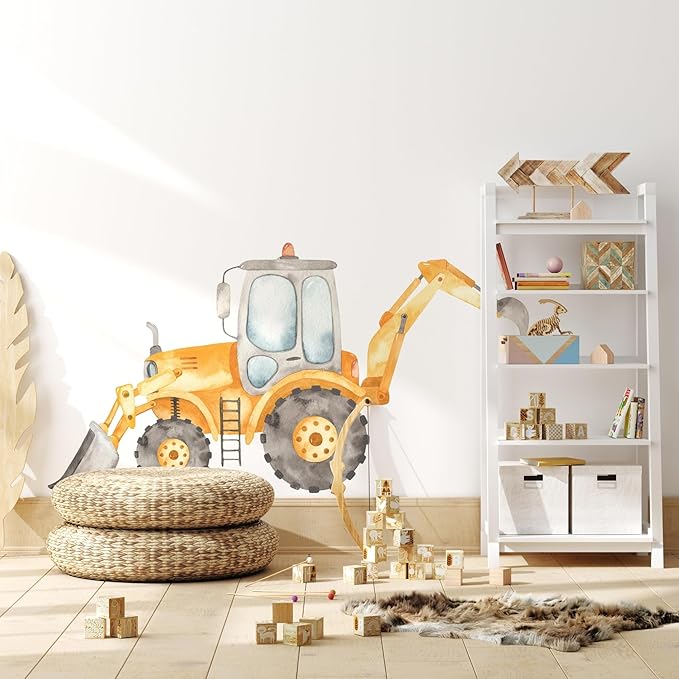 Construction Tractor Backhoe Loader Wall Decal for Boys Room, Construction Eqipment Peel Stick Removable Fabric Wall Sticker, Nursery or Playroom Decor, Repositionable (18 inch: 10" Tall x 18" Wide)