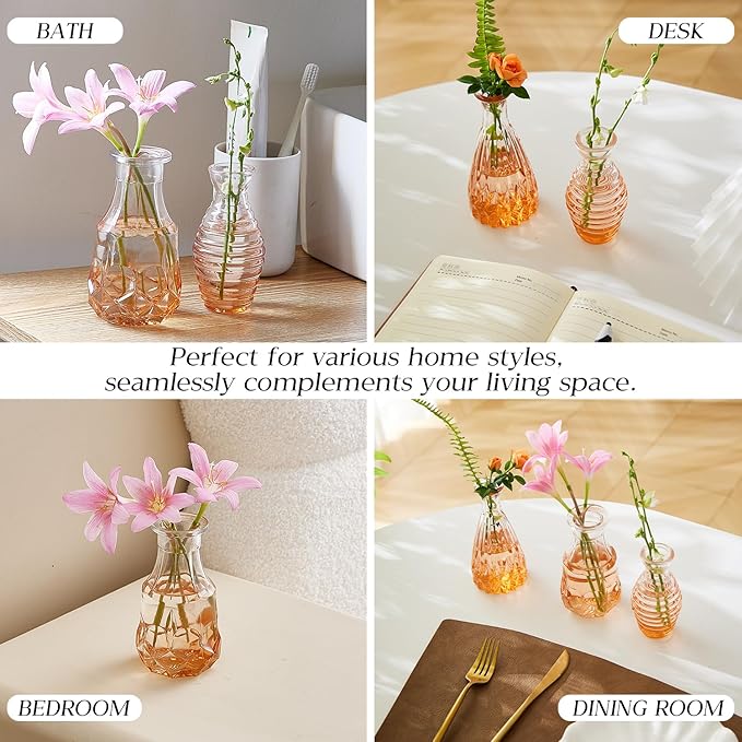 Glass Bud Vase Set of 20 - Small Vases for Flowers in Bulk - Assorted Vintage Crystal Vases for Flowers, Table Centerpieces (Amber, 20 Pcs)