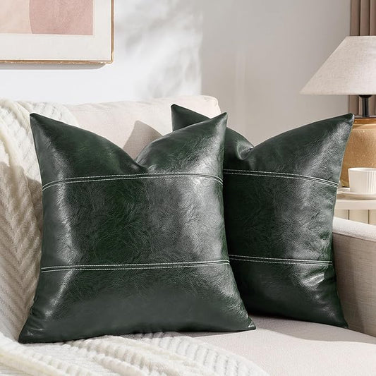 Fancy Homi 2 Packs Dark Green Faux Leather Decorative Throw Pillow Covers 20x20 Inch for Couch Bed, Modern Farmhouse Boho Home Decor, Olive Green Hand Stitched Accent Square Cushion Case 50x50 cm