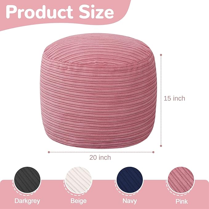 MeMoreCool Stuffed Round Pouf Ottoman Foot Rest, Soft Plush Floor Pouf Foot Stool, Corduray Footstool Footrest, Small Round Ottoman for Living Room Couch Sofa Chair, 20x15 Inch Pink