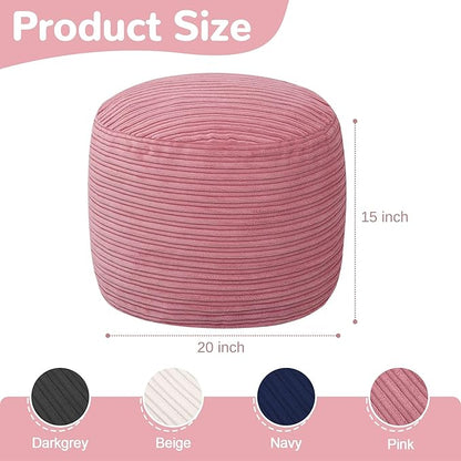 MeMoreCool Stuffed Round Pouf Ottoman Foot Rest, Soft Plush Floor Pouf Foot Stool, Corduray Footstool Footrest, Small Round Ottoman for Living Room Couch Sofa Chair, 20x15 Inch Pink