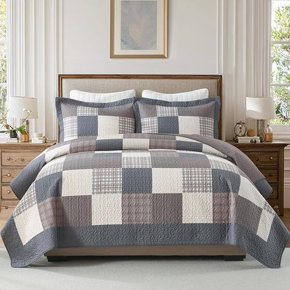 100% Cotton Quilts King Size, King Quilt Bedding Set Bedspread, Patchwork Plaid Quilt for King Bed, 3 Pieces Farmhouse Reversible Lightweight Comforter Bed Spread, Gray/Brown/Beige