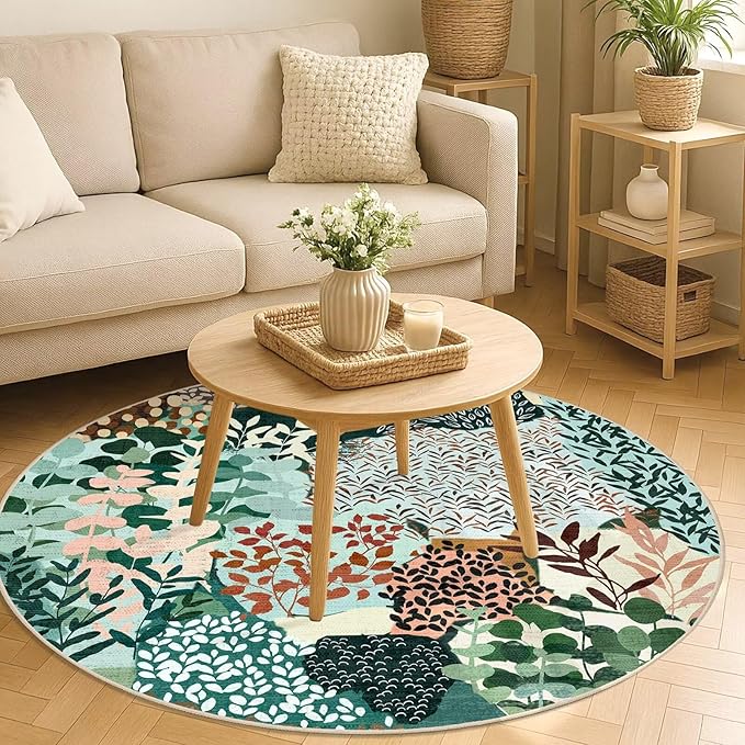 DEXDE Round Rug 5ft Washable Circle Area Rugs, Non Slip Low Pile Boho Floral Large Circular Carpet for Bedroom Bathroom Entryway Kids Room Office Dining Room, Dark Green