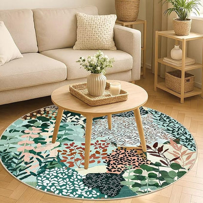 DEXDE Round Rug 5ft Washable Circle Area Rugs, Non Slip Low Pile Boho Floral Large Circular Carpet for Bedroom Bathroom Entryway Kids Room Office Dining Room, Dark Green