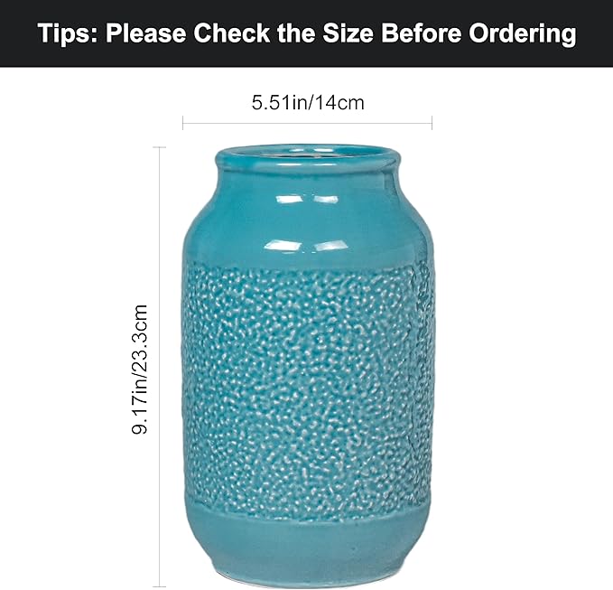 9 Inch Blue Ceramic Vase for Flowers - Textured Teal Cylinder Vase for Table Centerpieces, Modern Boho Vases Home Decor, Living Room, Kitchen Decor
