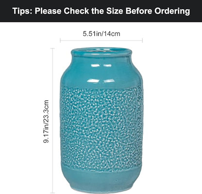 9 Inch Blue Ceramic Vase for Flowers - Textured Teal Cylinder Vase for Table Centerpieces, Modern Boho Vases Home Decor, Living Room, Kitchen Decor
