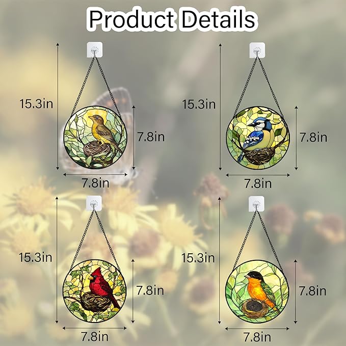 DASTOLL Stained Glass Window Hanging 4 Pcs Set Bird Theme On Branch 7.8" - Cardinal Suncatcher Door Garden Sun Catcher Decor Birthday Christmas for Mom Woman Nana Men