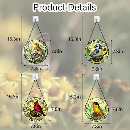 DASTOLL Stained Glass Window Hanging 4 Pcs Set Bird Theme On Branch 7.8" - Cardinal Suncatcher Door Garden Sun Catcher Decor Birthday Christmas for Mom Woman Nana Men