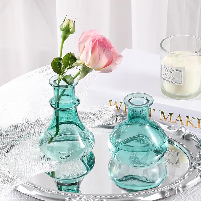 Blue Gradient Glass Bud Vase, 10Pcs/Set Modern Decorative Small Mini Flowers Vases, Minimalist Aesthetic Home Decor Vintage Wedding Table Centerpieces for Single Flower Rose