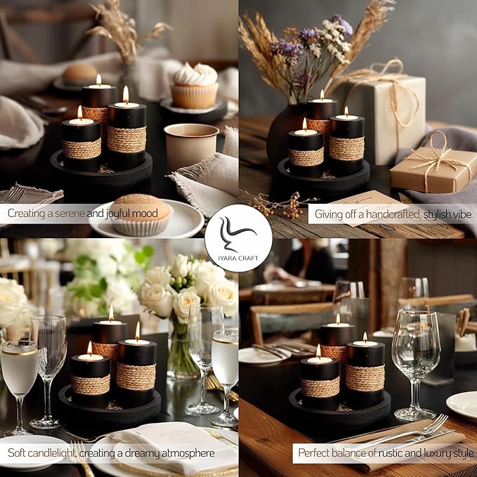 IYARA CRAFT Tealight Candle Holders with Tray – Set of 3 Rustic Black Wooden Candle Holders with Natural Rope Accent, Cozy Home Décor Centerpiece for Living Room, Christmas & Housewarming Gifts