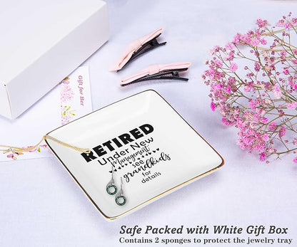 Retired Under New Management - Happy Retirement Gift - Funny Colleagues Goodbye Leaving Gifts for Coworkers Boss Leader Teacher - Appreciate Christmas Jewelry Tray Trinket Holder Ring Dish