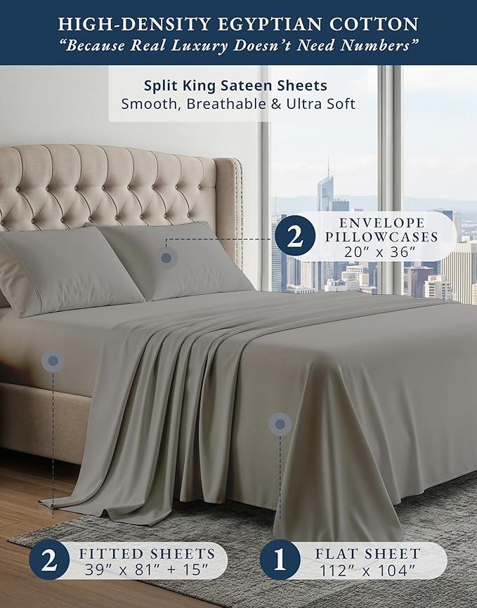 LANE LINEN 100% Egyptian Cotton Split King Sheets for Adjustable Beds - Soft & Comfy Sateen Weave Naturally Cooling Breathable Oeko Tex Certified Bed Sheets - Charcoal