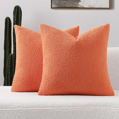 FUTEI Pack of 2 Orange Decorative Throw Pillow Covers 18x18 Inch Soft Cozy Solid Boucle Textured Cushion Case,Modern Home Decor for Couch Bed Living Room